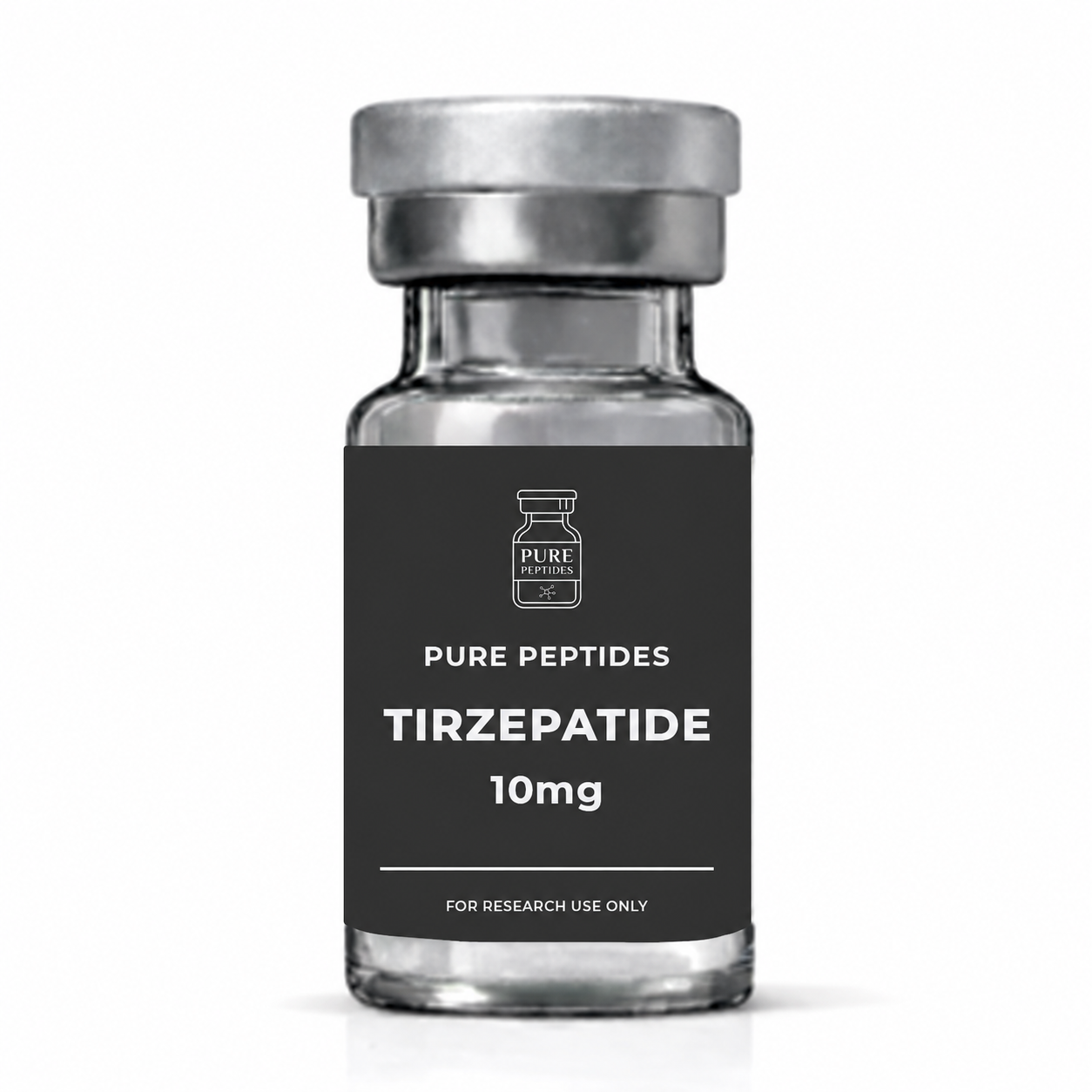 Pure Peptides TIRZEPATIDE 10mg vial mockup on a white background